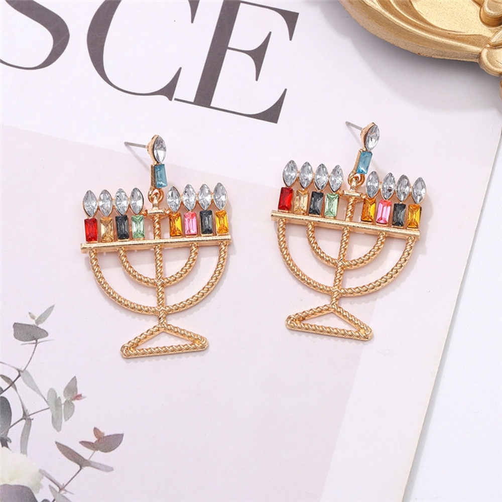 Hanukkah Gold Menorah Multicolor Rhinestone Earrings